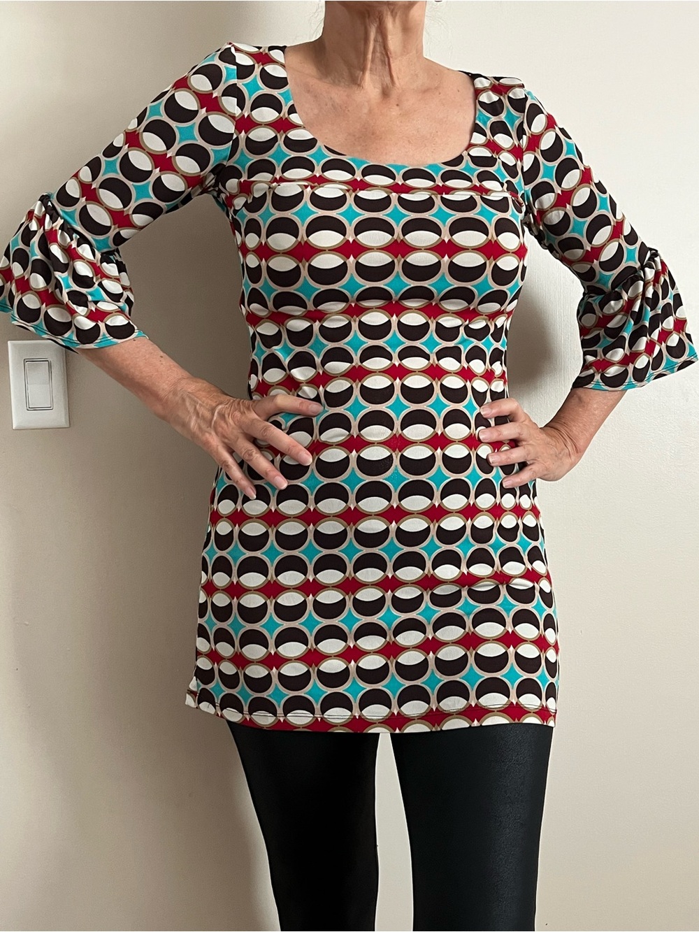 Speechless Scoop Neck Geometric Tunic in Teal, Burgundy & Cream